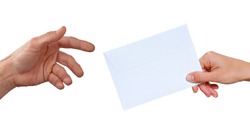 Hand giving close letter envelope on white background.