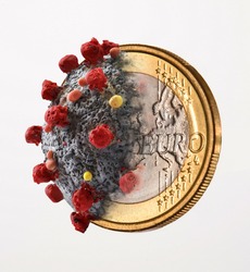 Coronavirus europe contagion on euro coin on white background.