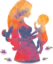 watercolor illustration of mother with baby