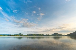 Mountain landscape, picturesque mountain lake in the summer morning, Beauty of nature concept background. lake and mountain on background in the morning time. natural landscape in Thailand.