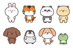 Set of cute animals hand drawn.Cartoon character design collection.Rabbit,tiger,panda,bear,dog,penguin,frog doodle.Kid graphic.Kawaii concept.Vector.Illustration