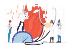 Human heart examination. Doctor cardiologist team in uniform, stethoscope. Cardiogram ecg test conduction. Heartbeat check. Cardiac health. Cardiology healthcare and medicine. Coronavirus complications
