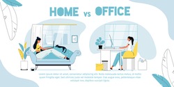 Home vs office. Employee against freelancer. Freelance woman working online in living room sitting on soft couch. Female worker sitting in office at computer. Advantage disadvantage comparison poster