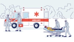 Isolation Of Infected Patients Concept. Ambulance Brigade In Protective Coveralls Carry On Stretcher Bed Sick Infected Man Into Ambulance To Isolate. Cartoon Linear Outline Flat Vector Illustration
