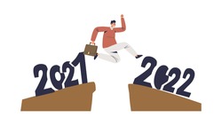 Businessman jumping from 2021 to 2022 in successful future with strategy and plan for development. Business man overcoming obstacle for success growth. Cartoon flat vector illustration