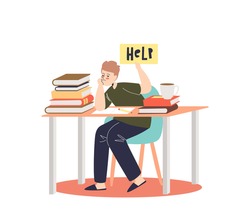 Little boy overwhelmed with homework sitting sad at school desk with books and textbooks. Depressed pupil tired of learning. Cartoon flat vector illustration