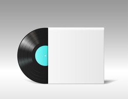 Realistic vinyl disc mockup in empty blank music album cover isolated on white background. Retro musical long play in white template paper box. 3d vector illustration