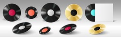 Vinyl set realistic retro records for gramophone with empty labels and in blank album cover for music lp production. Classic black and golden vintage discs. Vector illustration