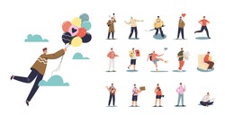 Set of cartoon young man fly holding air balloons in different situations and poses: travel with map, play hockey, work on laptop, taking selfie photo on smartphone. Flat vector illustration