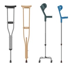 Set of crutches. Elbow, telescopic metal, wooden handicapped canes for patients walking. Medical equipment for rehabilitation of people with diseases of musculoskeletal system. Vector illustration