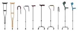 Collection of realistic crutches and walking sticks. Set of metal and wooden canes, telescopic elbow crutch isolated. Medical devices equipment for old or disabled person support. Vector illustration