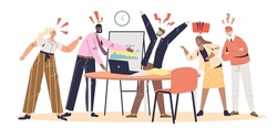 Angry irritated colleagues screaming and arguing while working together. Teammates shouting. Toxic environment in office. Conflict in business team concept. Cartoon flat vector illustration