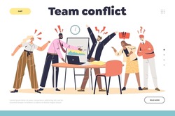 Team conflict concept of landing page with angry irritated colleagues screaming and arguing while working together. Teammates shouting. Toxic environment in office. Cartoon flat vector illustration