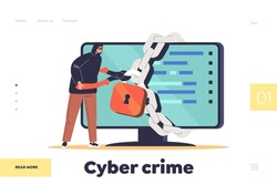 Cyber crime concept of landing page with hacker phishing steal private personal data from computer. Anonymous hacker man attacking pc for credit card and credentials. Cartoon flat vector illustration