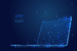 A laptop composed of polygons. Low poly vector illustration of a starry sky style. Notebook consists of lines, dots and shapes. Internet or digital or devices and computer symbol.