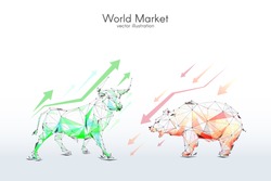 Stock Exchange low-poly wireframe vector illustration. Digital graphics. Technology art image of World or Stock Market. Bull and Bear with arrows. Finance and business concept.
