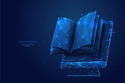 Book and monitor. Low poly wireframe online education blue background or concept with opened book. Digital Vector illustration. Online reading or courses. Abstract polygonal image of notebook on pc.
