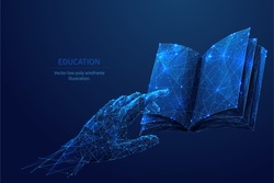 Human hand touching on a book. Low poly wireframe online education blue background or concept with opened book. Digital Vector illustration. Online reading or courses. 