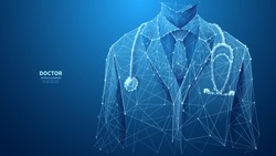A closeup of a young doctor in medical lab coat with a stethoscope. Abstract vector low poly wireframe illustration with connected dots and polygonal shapes. Horizontal medical banner with copy space.