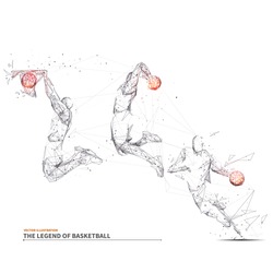 Isolated basketball player on white background . Abstract slam dunk motion. Low poly wireframe digital vector illustration. Three positions of a slam dunk jump. Polygons, particles and connected dots.