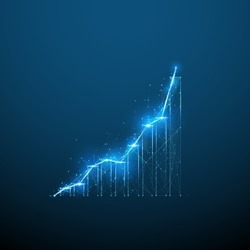 Abstract 3d growth chart in dark blue. Business, financial, analytics concept. Digital vector monochrome graph with connected dots, lines and shapes. Low poly diagram wireframe looks like starry sky
