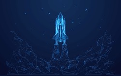 Abstract space shuttle launches into space. Glowing rocket and smoke under it. Digital start-up and success concept. Low poly wireframe 3D vector illustration in technology blue on a dark background.