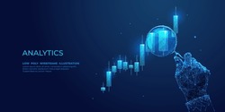 Digital stock market analysis concept. An abstract man holds a magnifying glass in his hand and analyzes the graph chart on technological dark blue background. Low poly wireframe vector illustration