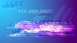 High speed concept. Cheetah in motion in the form of a starry sky or space, consisting of point, line, and shape in the form of planets, stars and the universe. Vector wireframe concept. Blue purple