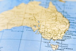 Close-up macro of map of Australia with focus on Melbourne
