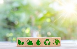 Plant save world concept. Net zero greenhouse gas emissions target. Climate neutral long term strategy. wooden cubes with green net zero icon and green icon on green nature background.