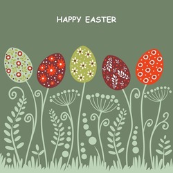 Easter card with Easter eggs. Multicolored eggs and floral motifs on a gray-green background. Easter greeting card. Flat design. Vector illustration.