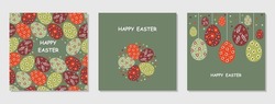 Set of Easter cards with painted eggs. Multicolored eggs on a gray-green background. Cute greeting cards for Easter. Flat design. Vector illustration.