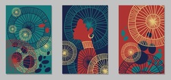 Set of abstract posters with black woman and African motifs. Flat design in dark colors, blue, emerald, red and beige. Vector backgrounds for print, cover and wall art.