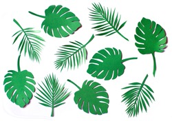 Set of paper cut green jungle leaves on white isolated background. 