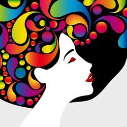 Beautiful woman profile. Beauty face with multicolored drops hair made of splashes of paint, red lips. Vector illustration with place for your text.