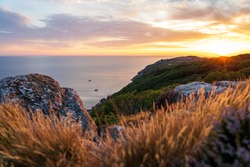 Gorgeous sunset at Kullaberg nature reserve in south Sweden. Blurred foreground. Selective focus.