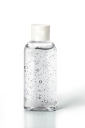 Bottle of instant antiseptic hand sanitizer transparent gel isolated on white background, no label.  Antibacterial, hydro alcoholic gel, ethyl alcohol. Mini travel pocket small size, 8 fl oz, 50, 60 m