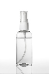 Instant antiseptic hand sanitizer mist spray, antibacterial alcohol liquid. One transparent plastic bottle with atomizer pump isolated on white background, studio shot. Mini travel pocket small size.
