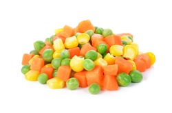 Mix of vegetable containing carrots, peas, and corn on white background