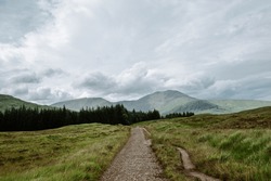 The West Highland Way trail in the mountains and moors in the Highlands of Scotland, United Kingdom. 