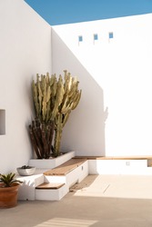 Architectural detail of bench to sit with cactus in corner of interior patio in mediterranean house in desert by the sea in summer