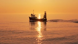 Fishing boat on a calm sea in early morning sunlight. Aldeburgh, Suffolk. UK