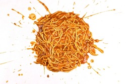 Spaghetti Bolognese splattered on a white background.