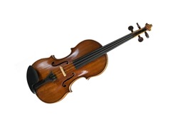 Violin also called fiddle, a stringed musical instrument from the viol family, used in string quartet, chamber music and symphony orchestra, isolated on a white background, copy space