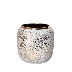 Decorative ceramic vase. Beautiful floral arrangement of af artificial plant in flower pot on light grey marble table. Stylish Interior home design