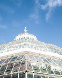 The glass dome exterior of the Victorian palm house on a brilliantly blue autumnal day