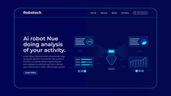 Chatbot analysing activities website landing page concept. Online bot analysing website ui design. Virtual Assistant, ML,  Artificial intelligence processing big data with future technology.