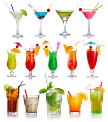 Set of alcoholic cocktails isolated on white background