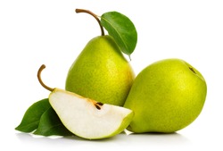 Ripe green pears isolated with leaves isolated on white