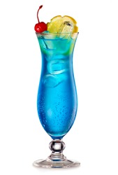 Blue Lagoon cocktail with a slice of lemon and cherry isolated on white